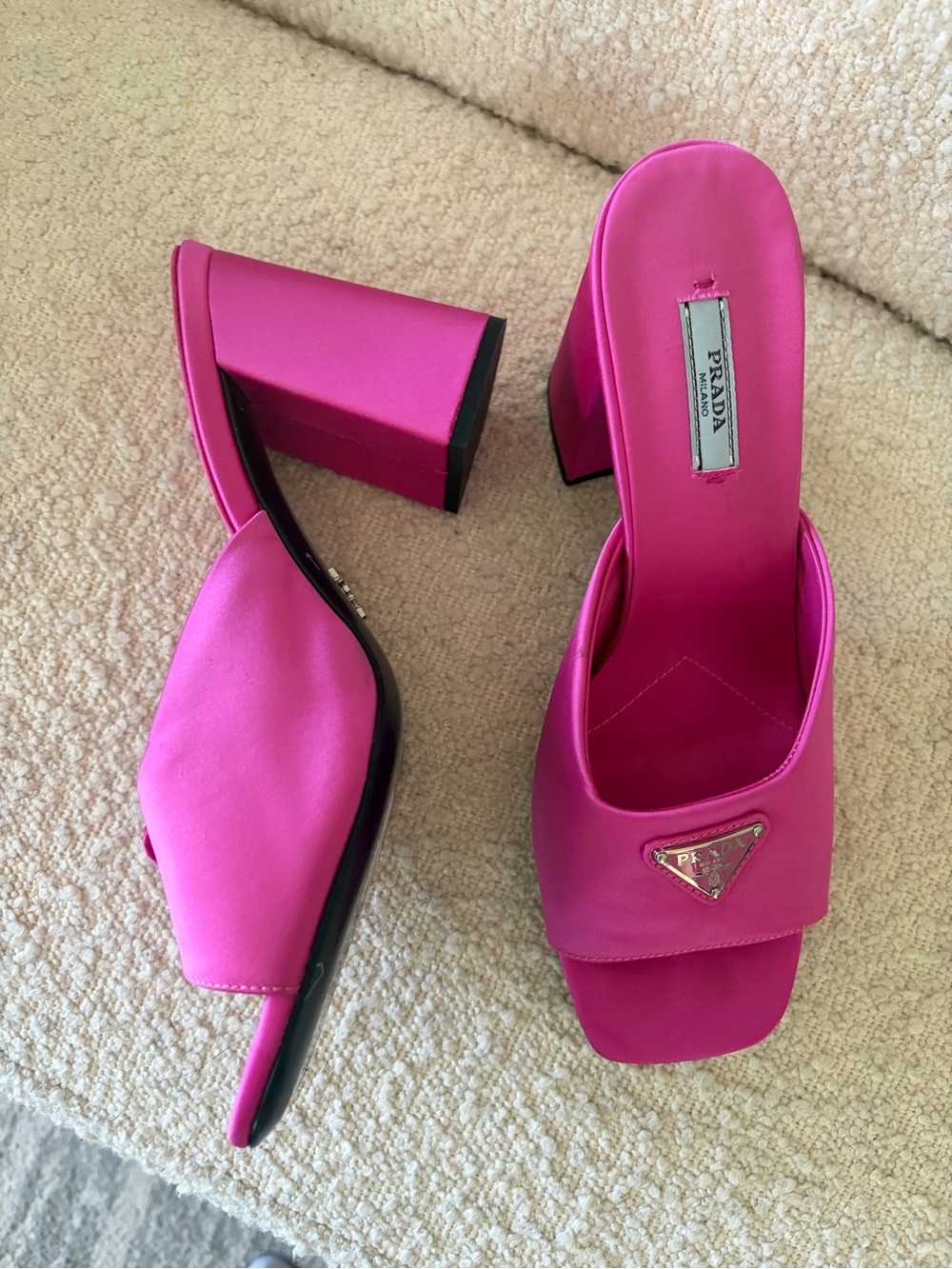 Prada Hot Pink Satin Block Heel Mules with Logo